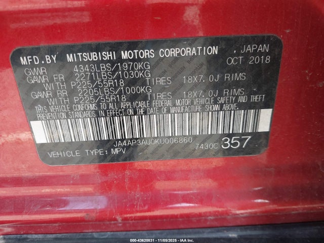 2019 MITSUBISHI OUTLANDER SPORT JA4AP3AU0KU006860 Photo 8