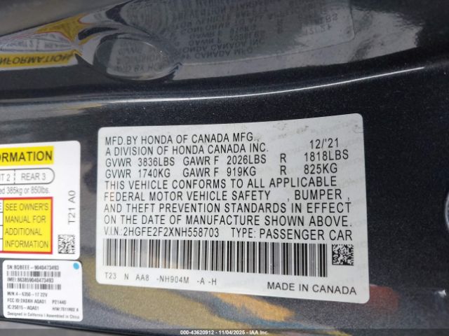 2022 HONDA CIVIC 2HGFE2F2XNH558703 Photo 8