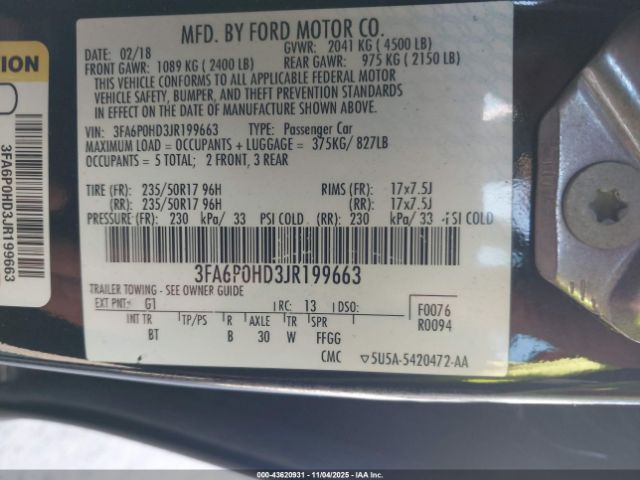 2018 FORD FUSION 3FA6P0HD3JR199663 Photo 8