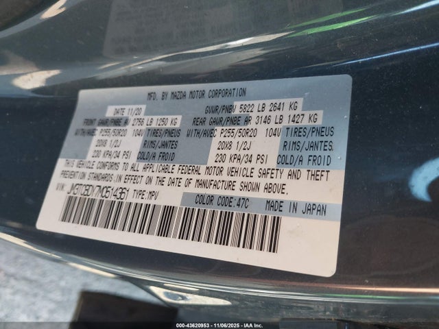 43620953 :رقم المزاد ، JM3TCBDY7M0514361 vin ، 2021 Mazda Cx-9 Carbon Edition مزاد بيع