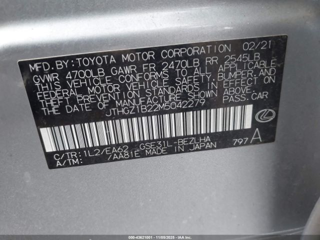 2021 LEXUS IS 350 JTHGZ1B22M5042279 Photo 8