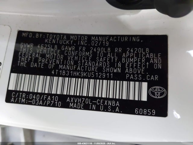Продаж на аукціоні авто 2019 Toyota Camry Hybrid Le, vin: 4T1B31HK9KU512911, номер лоту: 43621116