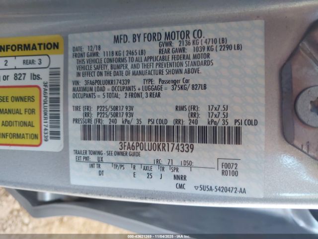 2019 FORD FUSION HYBRID 3FA6P0LU0KR174339 Photo 8