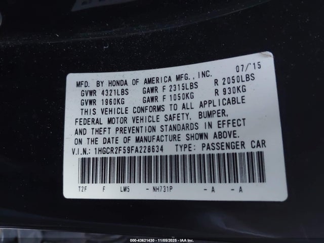1HGCR2F59FA228634 Honda Accord Sport