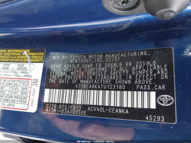 2007 TOYOTA CAMRY 4T1BE46K47U123180 Photo 8
