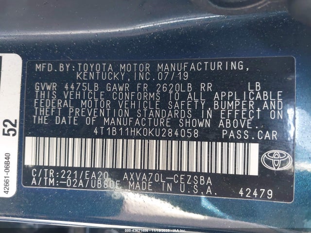 4T1B11HK0KU284058 Toyota CAMRY SE