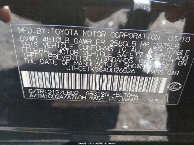 2010 LEXUS GS 350 JTHCE1KS8A0026526 Photo 8