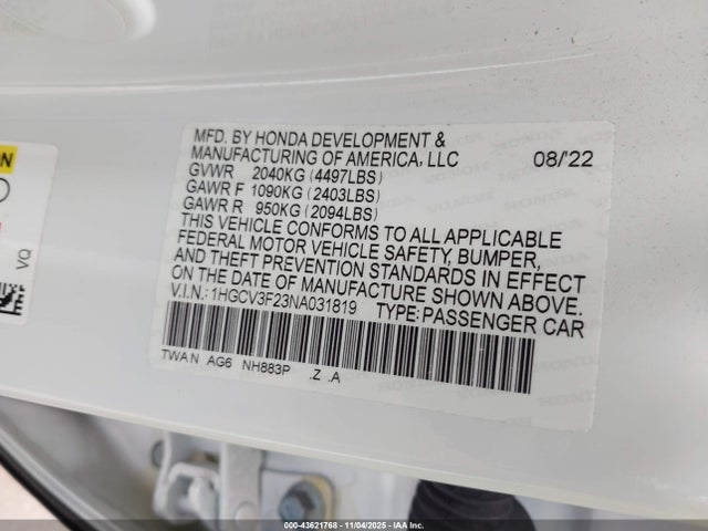 2022 Honda Accord Hybrid Sport მანქანა იყიდება აუქციონზე, vin: 1HGCV3F23NA031819, აუქციონის ნომერი: 43621768