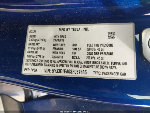 2025 TESLA MODEL 3 5YJ3E1EA0SF057485 Photo 8