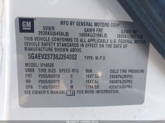 Aukcja sprzedaży 2008 Buick Enclave Cxl, vin: 5GAEV23738J284002, numer aukcji: 43622112