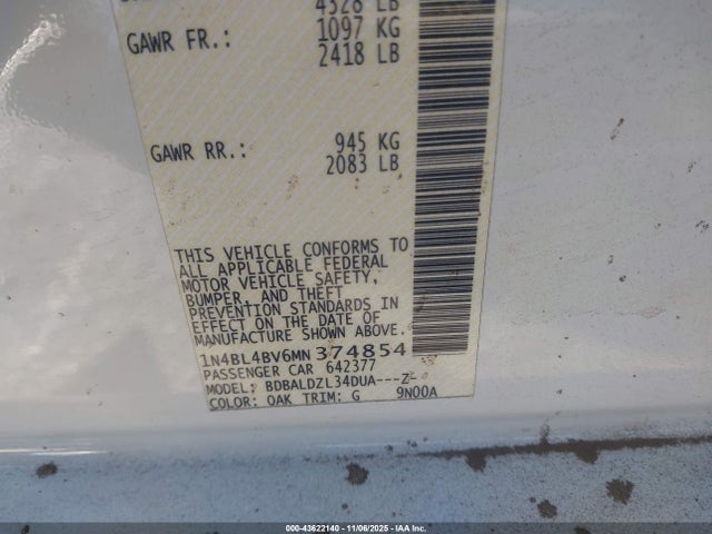 1N4BL4BV6MN374854 Nissan Altima S Fwd