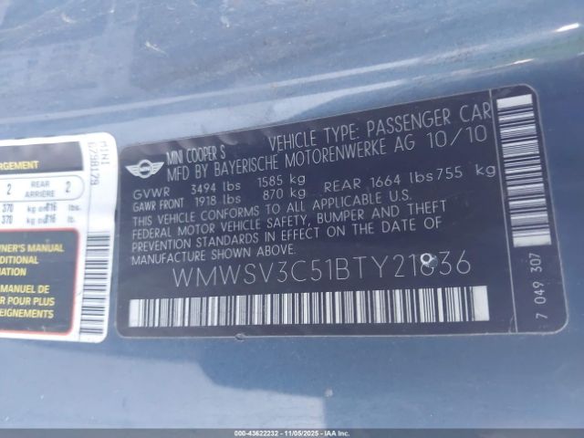 2011 MINI COOPER S WMWSV3C51BTY21836 Photo 8