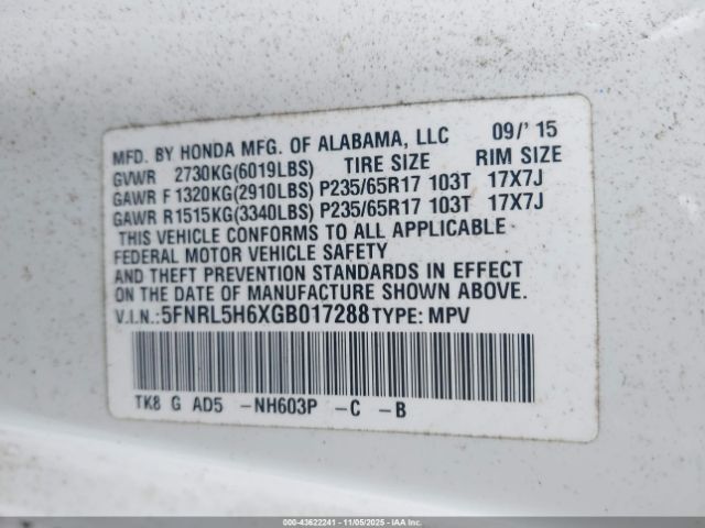 2016 HONDA ODYSSEY 5FNRL5H6XGB017288 Photo 8