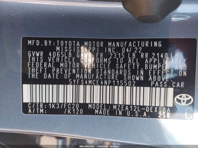 2022 TOYOTA COROLLA 5YFS4MCE4NP115502 Photo 8