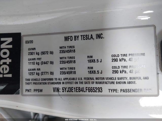 2020 TESLA MODEL 3 5YJ3E1EB4LF665293 Photo 8