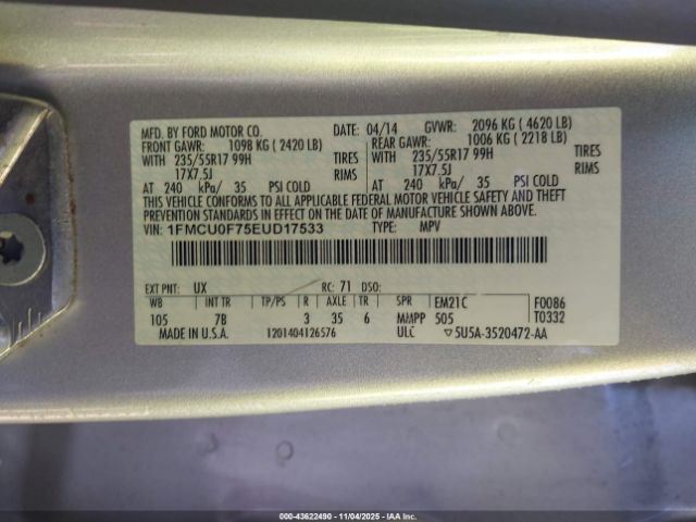 2014 FORD ESCAPE 1FMCU0F75EUD17533 Photo 8