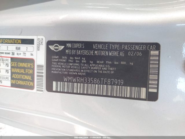 2006 MINI COOPER S WMWRH33586TF87919 Photo 8