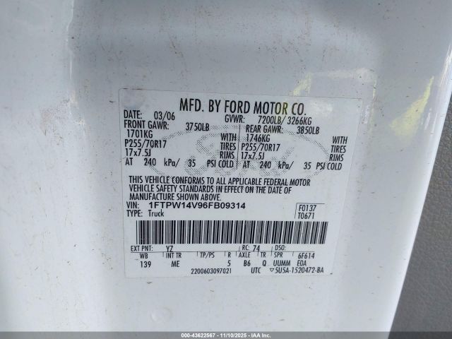 2006 FORD F-150 1FTPW14V96FB09314 Photo 8