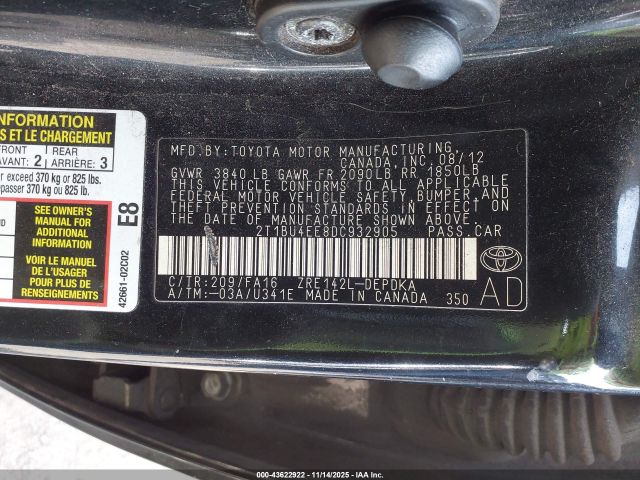 2013 TOYOTA COROLLA 2T1BU4EE8DC932905 Photo 8