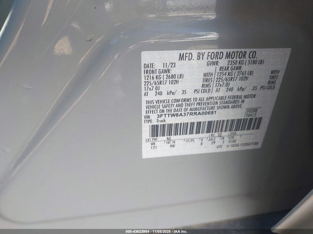 43622984 :رقم المزاد ، 3FTTW8A37RRA00691 vin ، 2024 Ford Maverick Xl مزاد بيع
