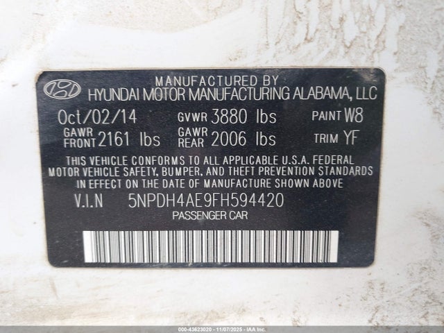 2015 Hyundai Elantra Limited მანქანა იყიდება აუქციონზე, vin: 5NPDH4AE9FH594420, აუქციონის ნომერი: 43623020
