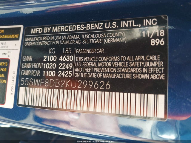Aukcja sprzedaży 2019 Mercedes-benz C 300, vin: 55SWF8DB2KU299626, numer aukcji: 43623050