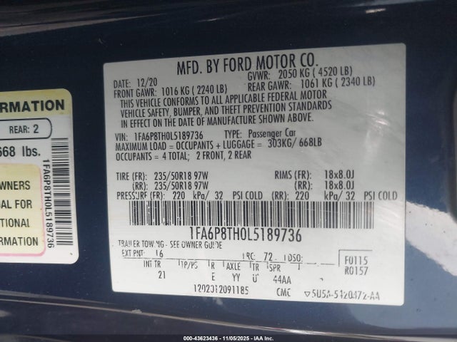 Ford Mustang Ecoboost Fastback 2020 1FA6P8TH0L5189736 Image 9
