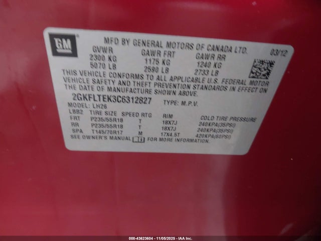 43623604 :رقم المزاد ، 2GKFLTEK3C6312827 vin ، 2012 Gmc Terrain Sle-2 مزاد بيع