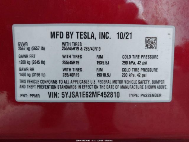 2021 TESLA MODEL S 5YJSA1E62MF452810 Photo 8