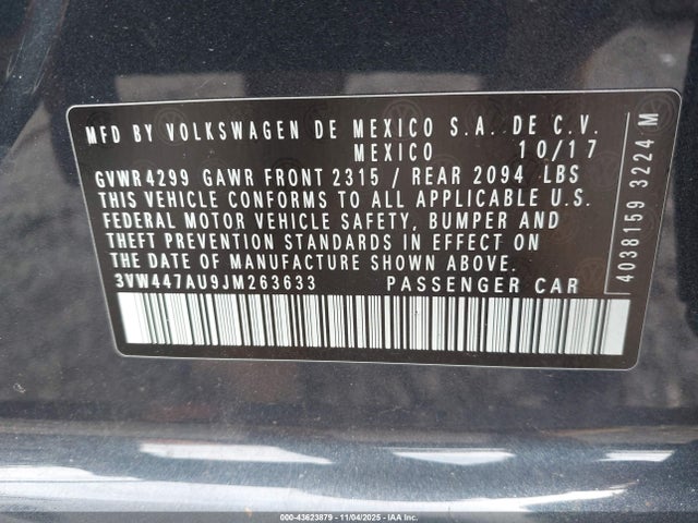 Auction sale of the 2018 Volkswagen Golf Gti 2.0t Autobahn/2.0t S/2.0t Se, vin: 3VW447AU9JM263633, lot number: 43623879