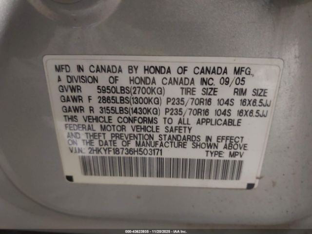 2006 HONDA PILOT 2HKYF18736H503171 Photo 8