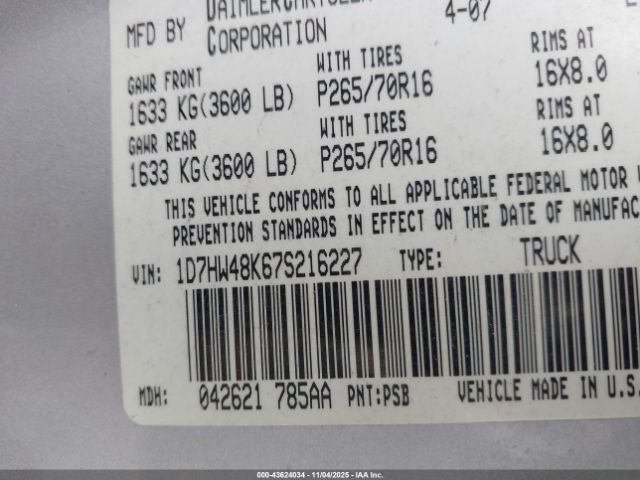 2007 DODGE DAKOTA 1D7HW48K67S216227 Photo 8