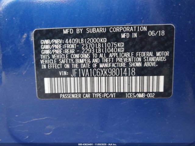 2019 SUBARU WRX JF1VA1C6XK9801418 Photo 8