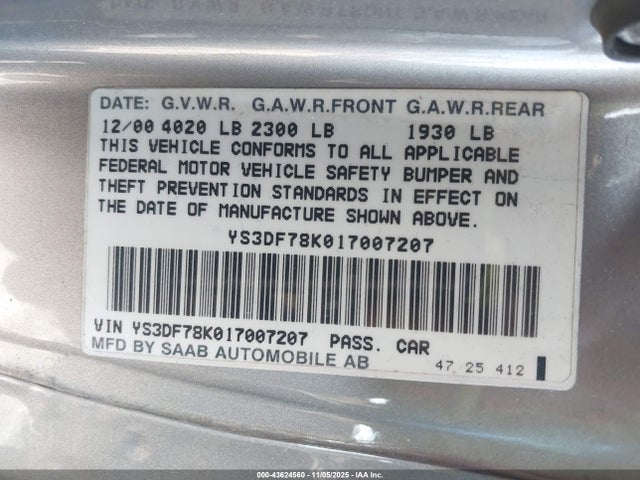 2001 SAAB 9-3 YS3DF78K017007207 Photo 8