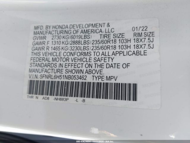 2022 HONDA ODYSSEY 5FNRL6H51NB053462 Photo 8