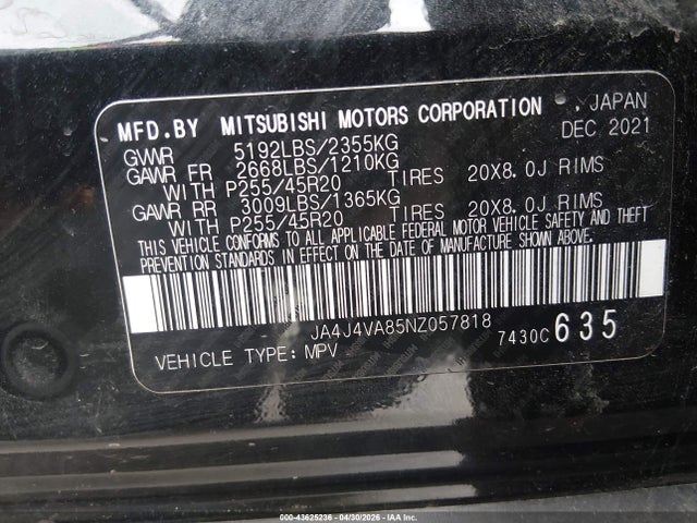 Aukcja sprzedaży 2022 Mitsubishi Outlander Sel Special Edition, vin: JA4J4VA85NZ057818, numer aukcji: 43625236