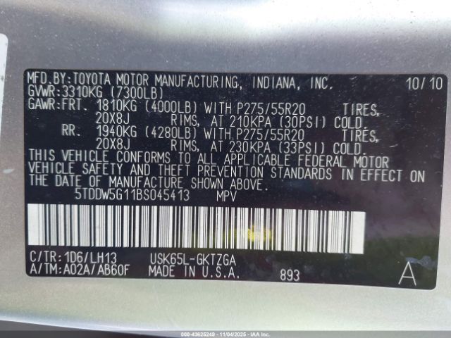 2011 TOYOTA SEQUOIA 5TDDW5G11BS045413 Photo 8