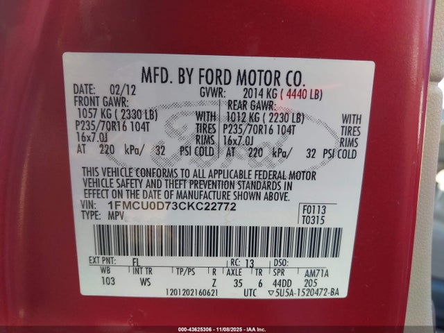 2012 FORD ESCAPE 1FMCU0D73CKC22772 Photo 8