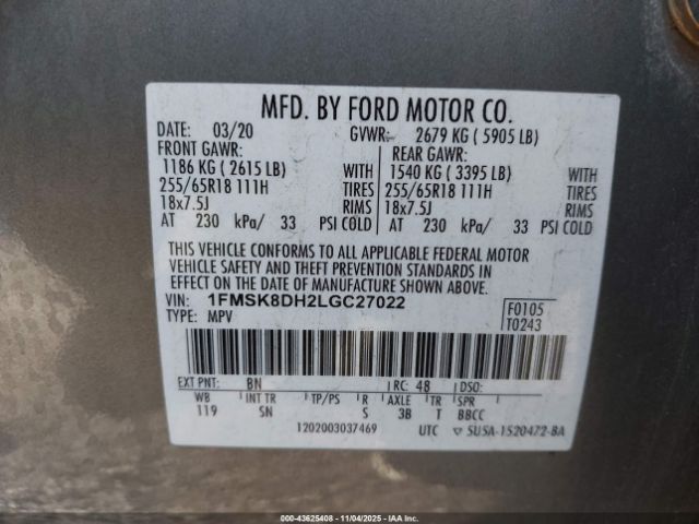 2020 FORD EXPLORER 1FMSK8DH2LGC27022 Photo 8