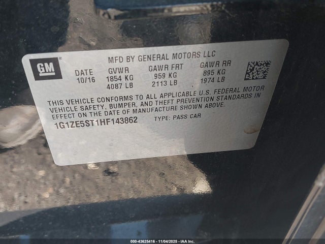 43625416 :رقم المزاد ، 1G1ZE5ST1HF143862 vin ، 2017 Chevrolet Malibu 1lt مزاد بيع
