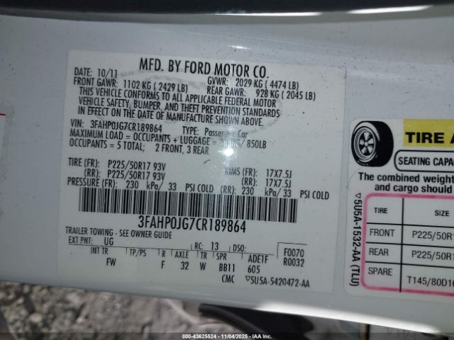 2012 FORD FUSION 3FAHP0JG7CR189864 Photo 8