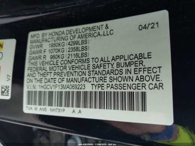2021 HONDA ACCORD 1HGCV1F13MA069223 Photo 8