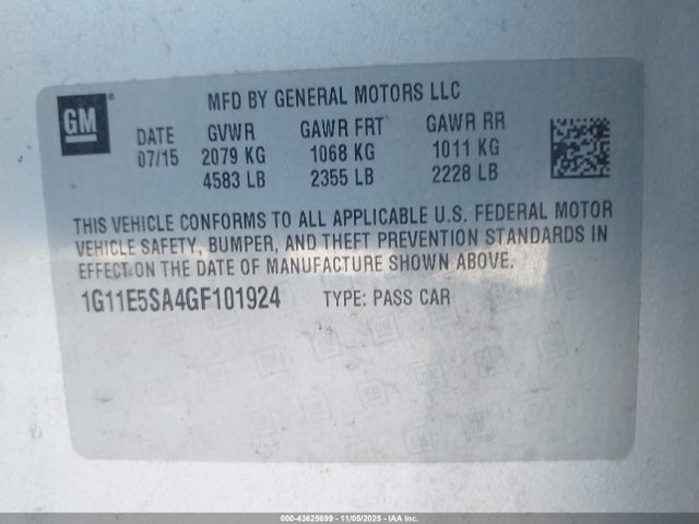 Aukcja sprzedaży 2016 Chevrolet Malibu Limited Ltz, vin: 1G11E5SA4GF101924, numer aukcji: 43625699