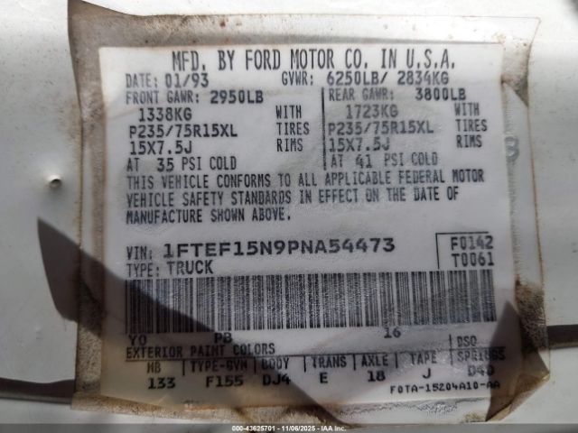 1993 FORD F150 1FTEF15N9PNA54473 Photo 8
