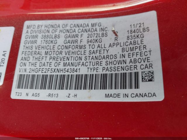 2022 HONDA CIVIC 2HGFE2F5XNH543841 Photo 8