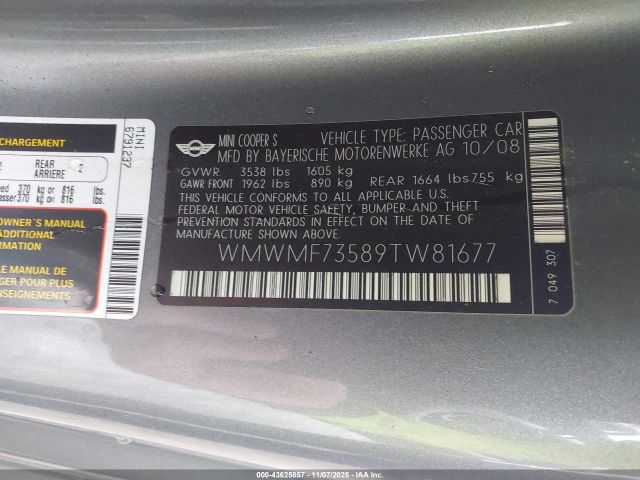 2009 MINI COOPER S WMWMF73589TW81677 Photo 8