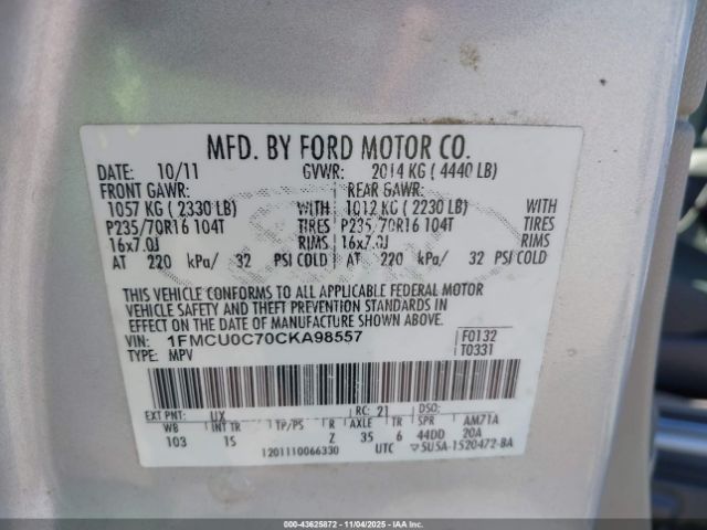 2012 FORD ESCAPE 1FMCU0C70CKA98557 Photo 8