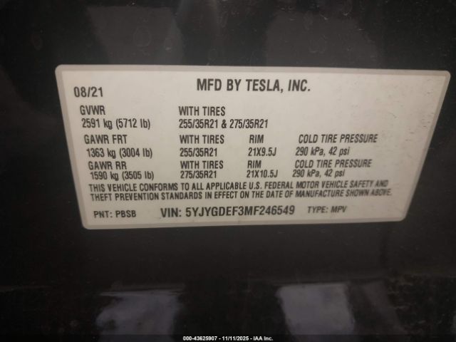 2021 TESLA MODEL Y 5YJYGDEF3MF246549 Photo 8