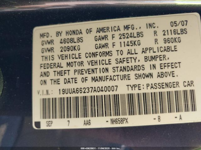 2007 ACURA TL 19UUA66237A040007 Photo 8