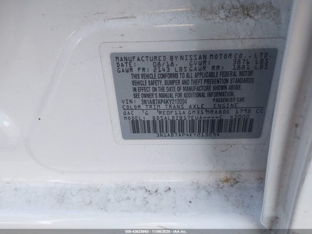 43625960 :رقم المزاد ، 3N1AB7AP4KY213094 vin ، 2019 Nissan Sentra Sv مزاد بيع